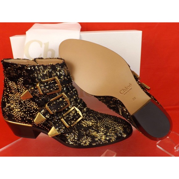 NIB CHLOE SUSANNA BLACK VELVET GOLD STUDDED BUCKLES MOTORCYCLE ANKLE BOOTS 38 8 - Picture 6 of 12